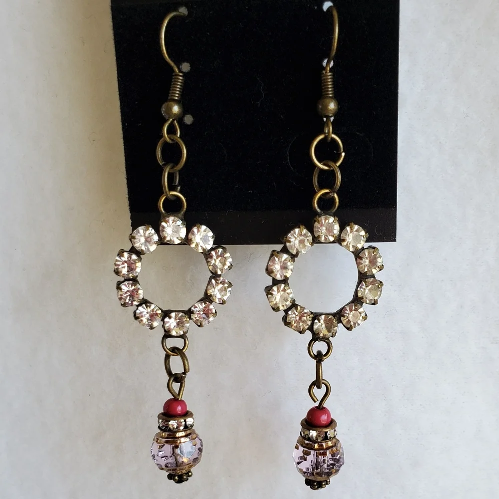 Womens bronze clear & pink rhinestone earrings